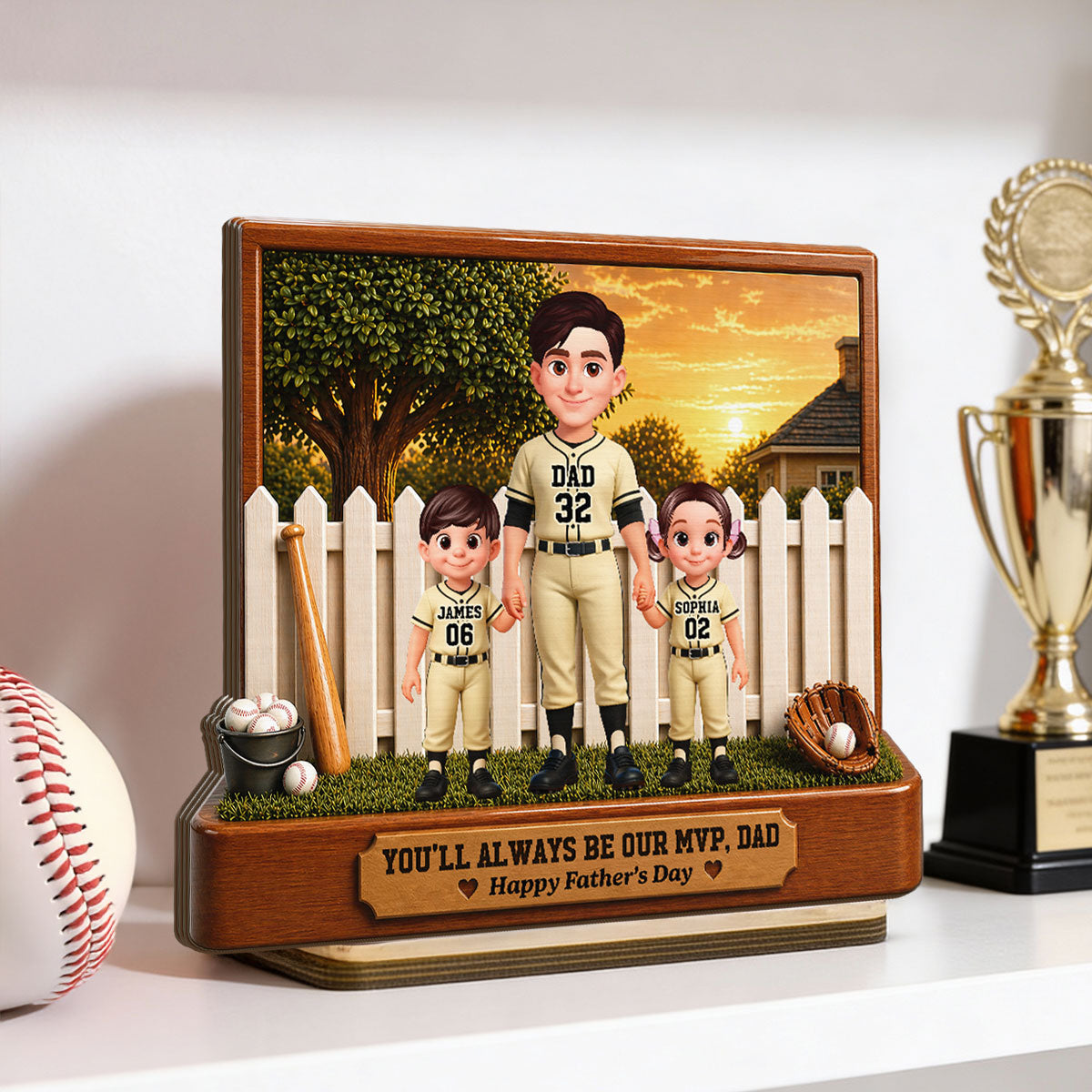 Baseball Dad And Kids Backyard We Caught The Best Dad - Personalized 2-Layered Wooden Plaque - Father's Day Gift For Dad