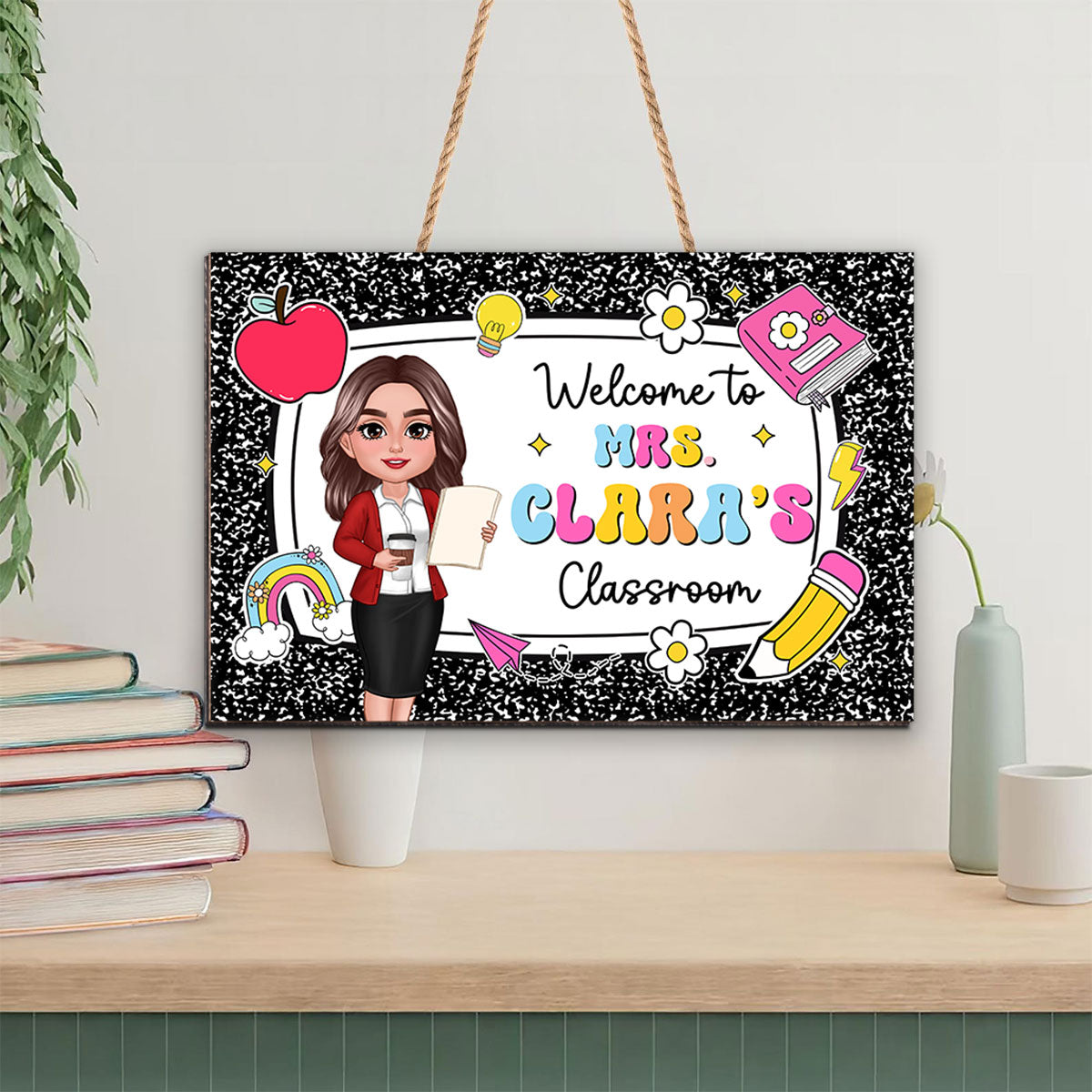 Teacher Composition Book Pattern Personalized Wood Sign, Back To School Gift