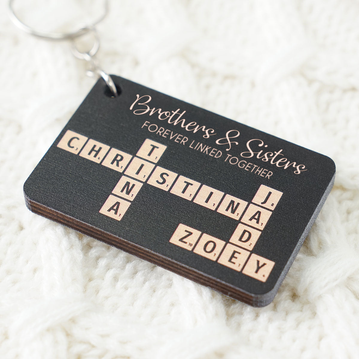 Brothers & Sisters Forever Linked Together Crossword Puzzle Art Personalized Wooden Keychain, Christmas Gift For Brothers, Sisters, Siblings, Family