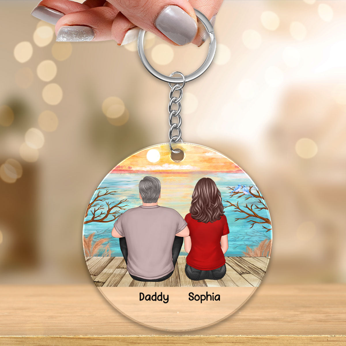 Dad And Kids Sitting Landscape Background Personalized Acrylic Keychain