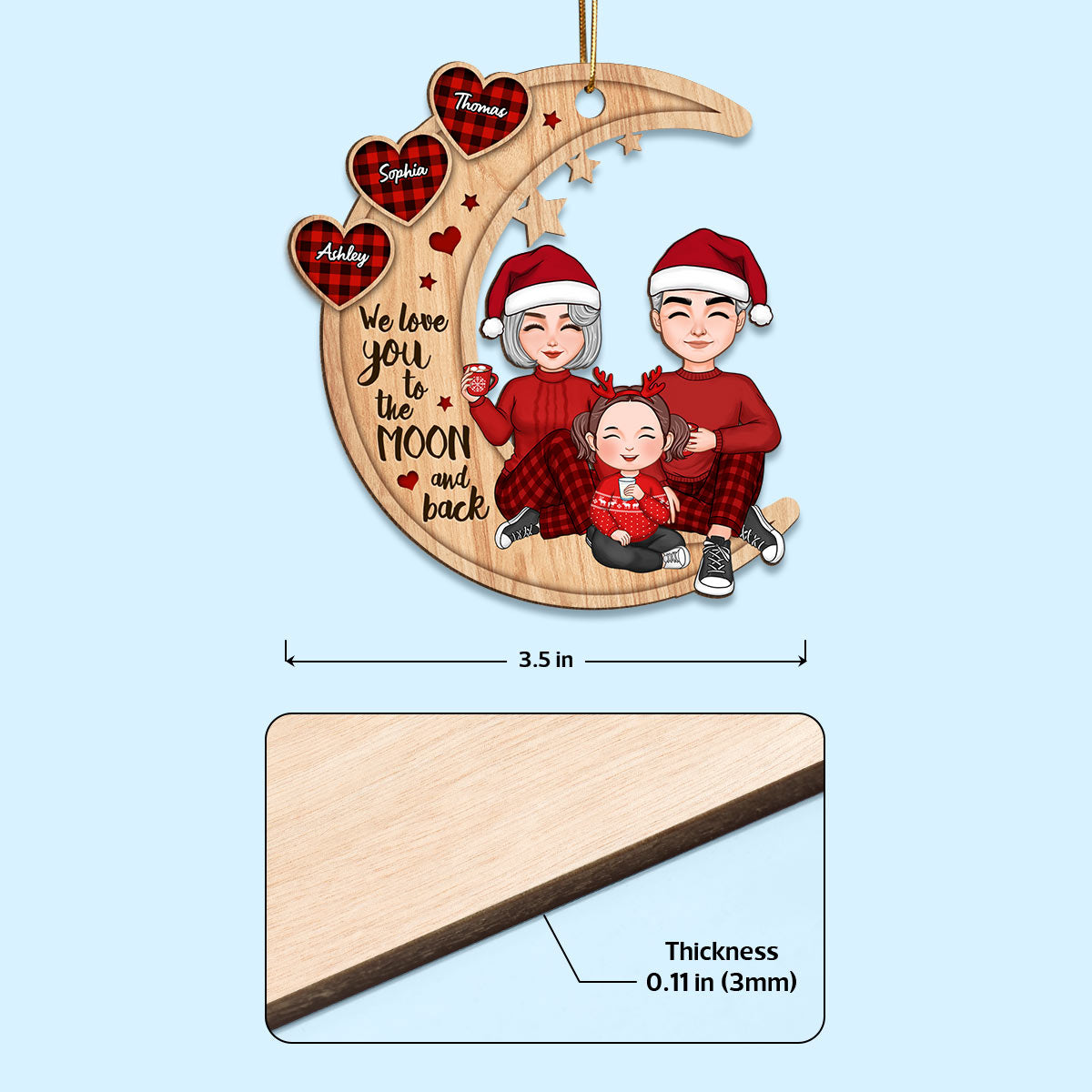 Checkered Pattern Heart Cute Grandma Grandpa & Grandkid Sitting On Moon Personalized Wooden Ornament