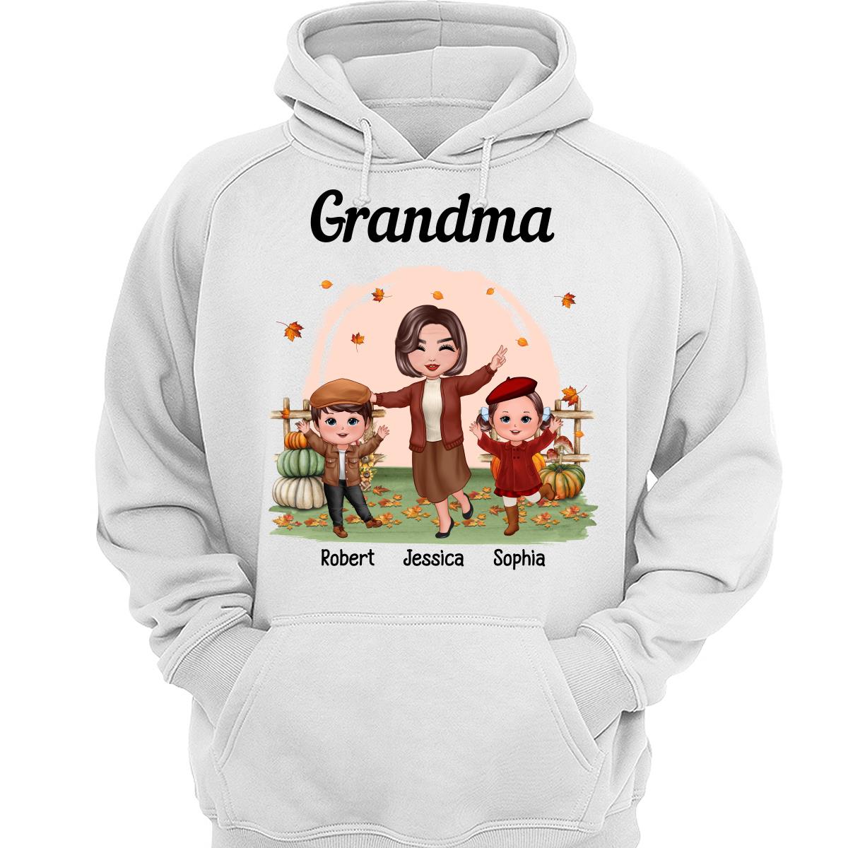 Fall Season Happy Doll Grandma And Grandkids In The Pumpkin Patch Personalized Shirt
