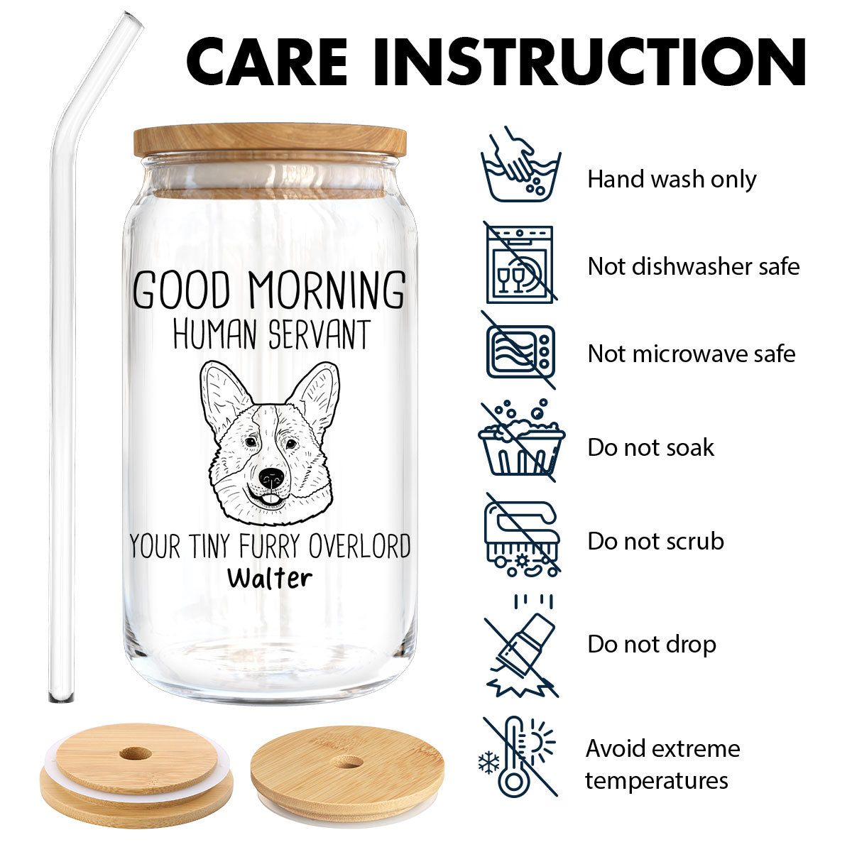 Good Morning Human Servant Dog Head Outline Gift For Dog Lover Personalized Clear Glass Can