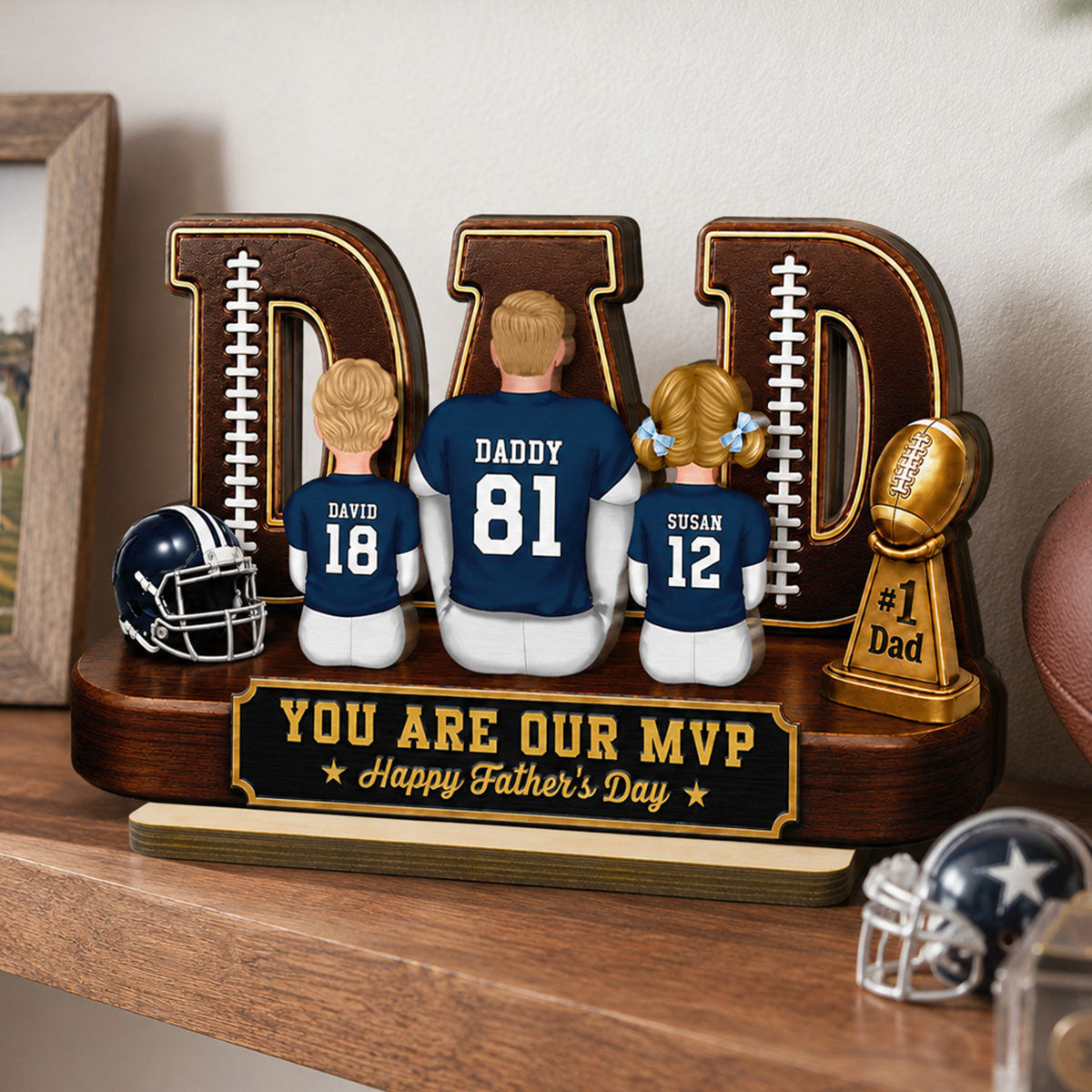 American Football Dad Legend Daddy's Dream Team - Personalized 2-Layered Wooden Plaque - Unique Trending Father's Day Gift For Dad, Husband, Football Fans