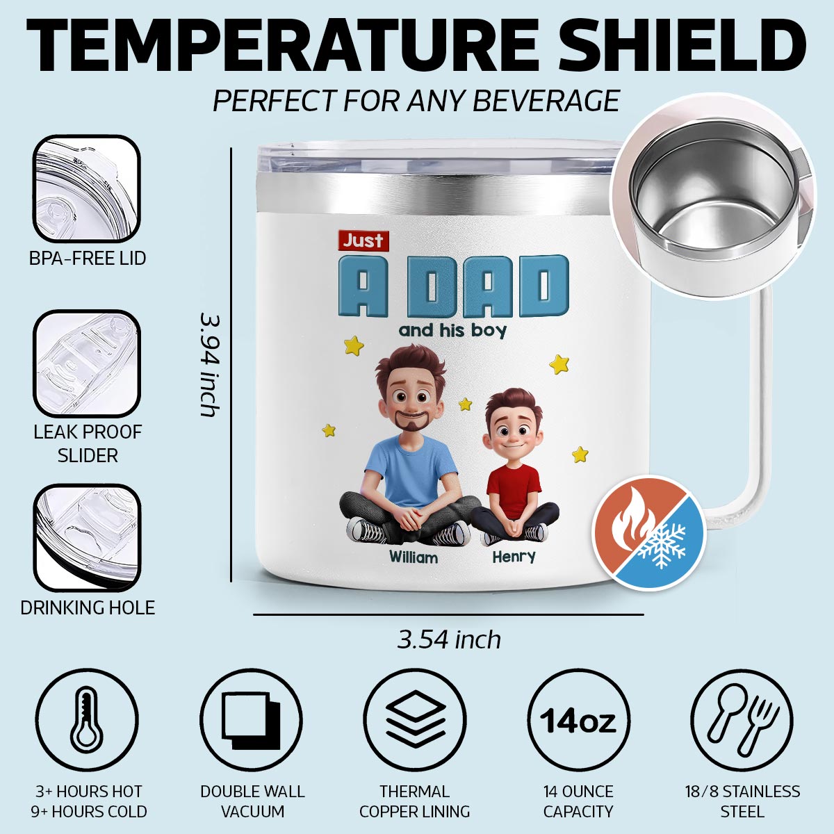 Just A Dad And His Kids Cartoon Funny Style Personalized Stainless Steel Tumbler With Handle, Gift For Dad