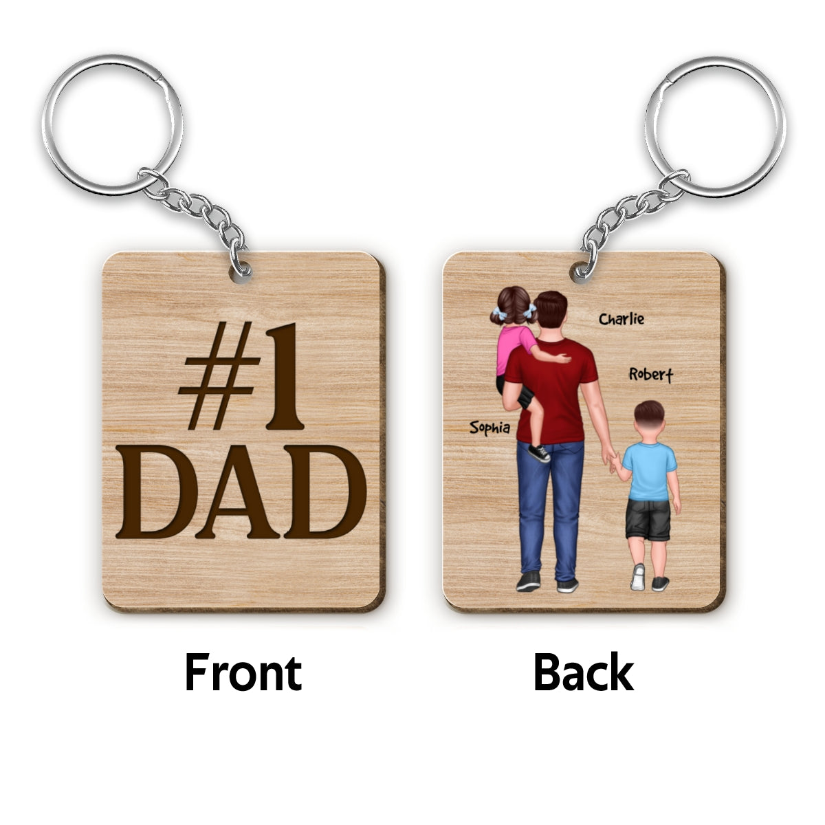 Dad Grandpa Holding Kids Back View Personalized Wooden Keychain