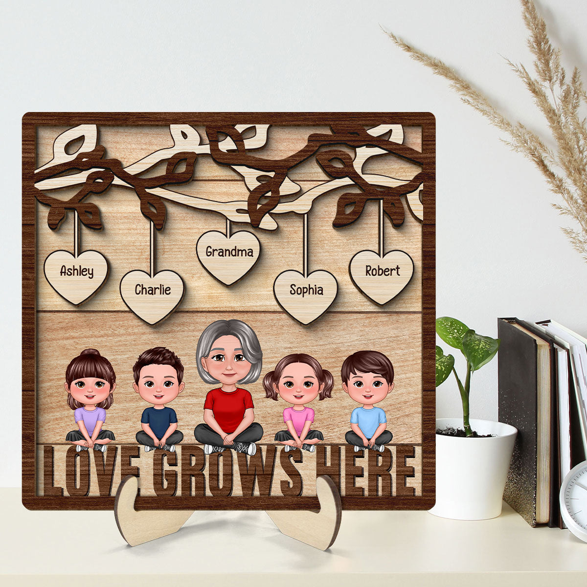Love Grows Here Grandma Grandkids Personalized 2-Layer Wooden Plaque