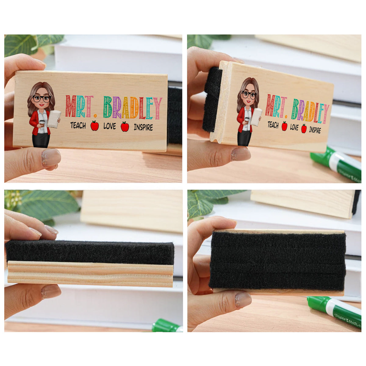 Teacher Sitting Personalized Teacher Whiteboard Eraser, Custom Teacher Appreciation Gifts, Chalkboard Eraser with Marker, Preschool Teacher Name gifts