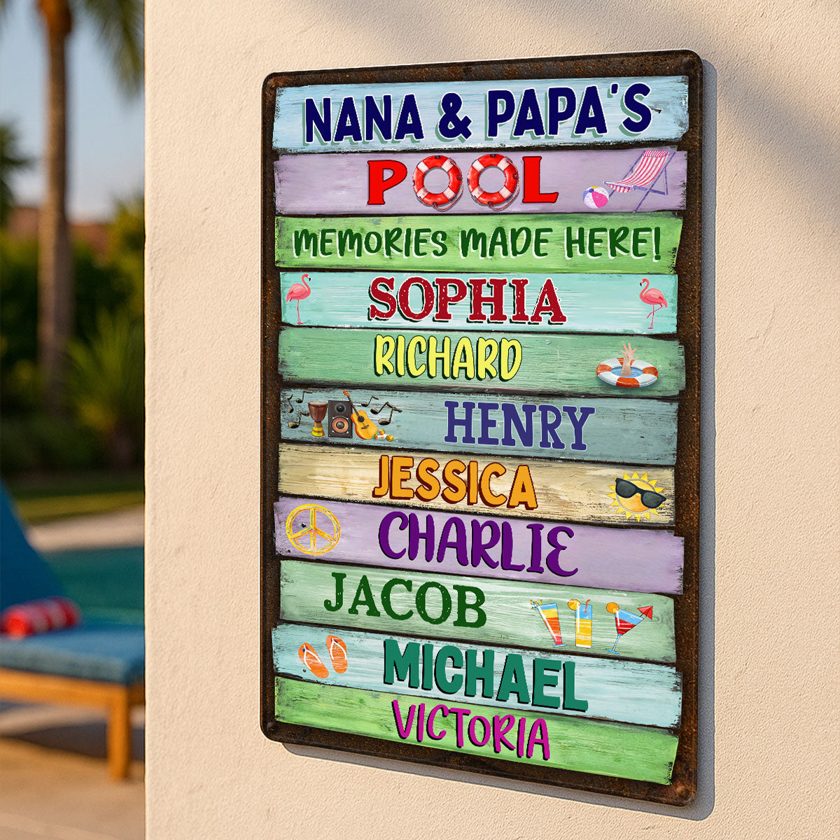 Grandma Grandpa Pool Colorful Wood Palletes Personalized Metal Sign