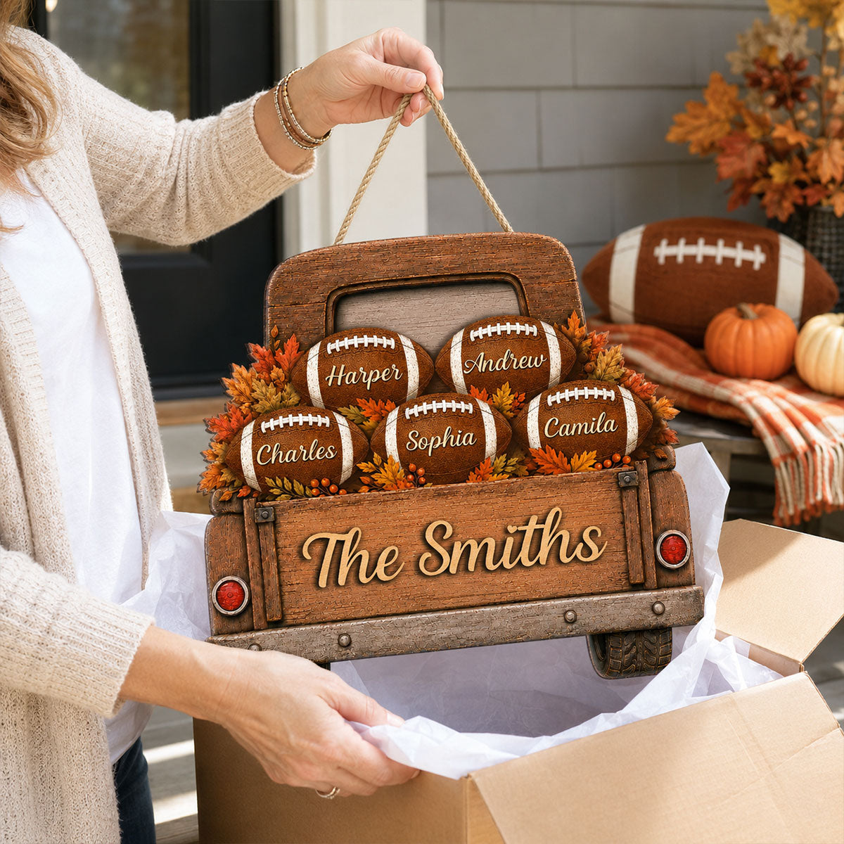 Football Family Truck With Custom Names 2D Flat - Personalized Wood Sign - Fall Season Decor For Football Lovers