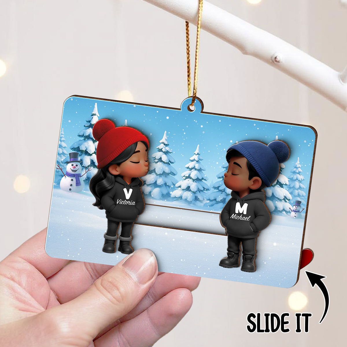 3D Effect Cartoon Couple Kissing - Personalized Slider Ornament - Christmas Gift For Him For Her