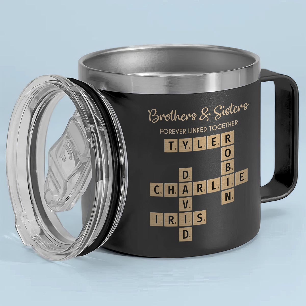 Brothers & Sisters Forever Linked Together Crossword Puzzle Art Personalized Stainless Steel Tumbler With Handle