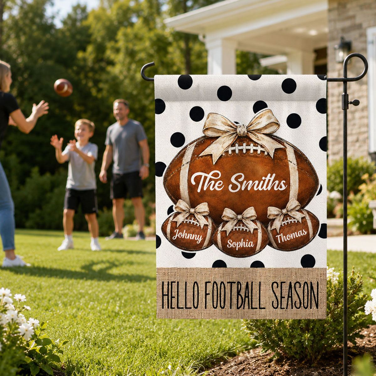 Polkadot Hello Football Season Custom Family Names - Personalized Garden Flag - Football Season Decor For Family
