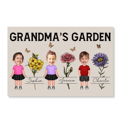 Custom Grandkids Photo Grandma‘s Garden Beautiful Vintage Birth Month Flower Personalized Horizontal Poster