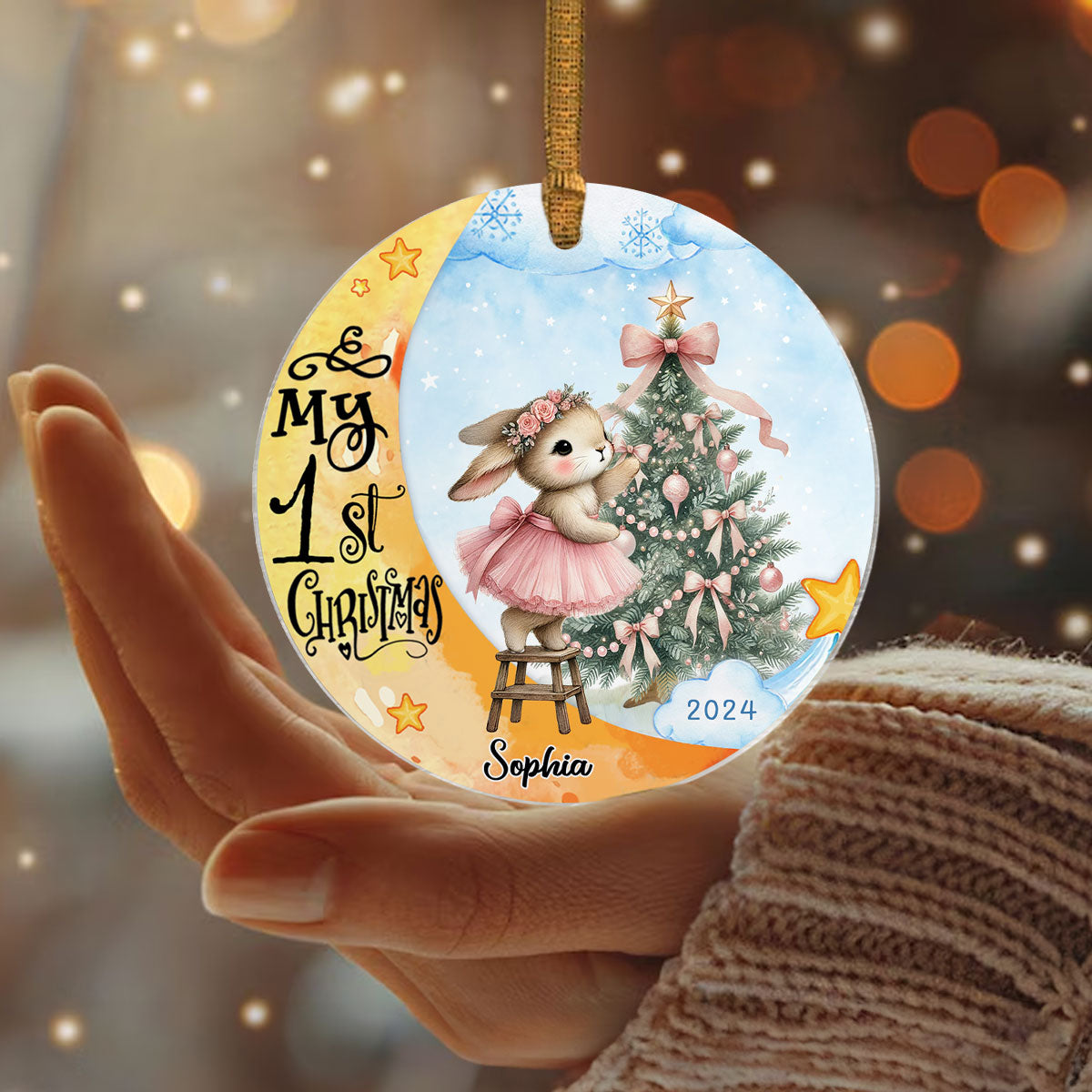 Baby's First Christmas Rabbit On Moon Personalized Acrylic Ornament, Baby's First Christmas Keepsake for New Mom New Dad