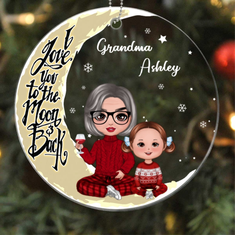Doll Grandma & Grandkids On Yellow Moon Snow - Personalized Ornament