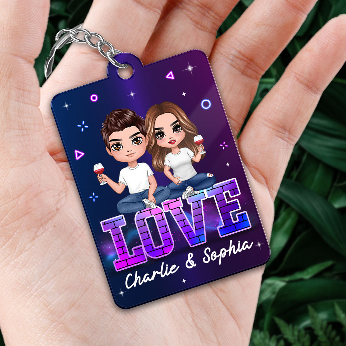 Doll Couple Sitting On Neon Brick Favorite Song QR Code Personalized Acrylic Keychain