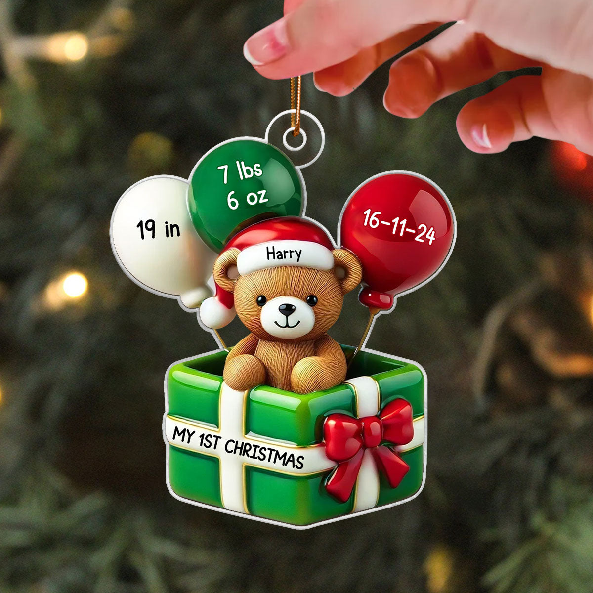 3D Effect Teddy Bear Baby First Christmas Personalized Acrylic Ornament, Newborn Christmas Gift