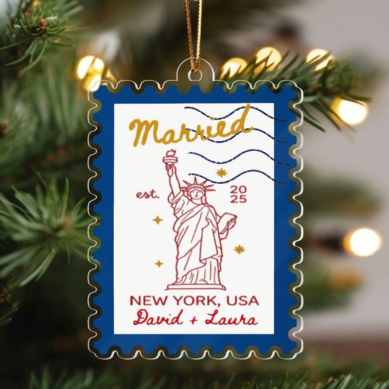 Couple Milestone Postage Stamp - Personalized Acrylic Ornament – Custom City Landmark Keepsake Gift