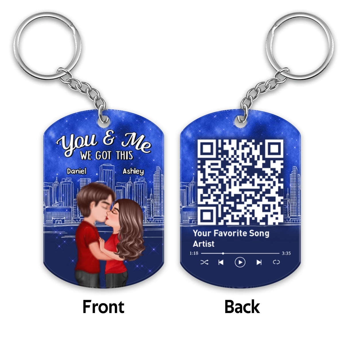 Doll Couple Kissing City Sketch Favorite Song QR Code Personalized Acrylic Keychain
