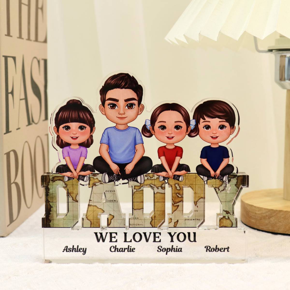 Daddy We Love You Dad & Kids Sitting On Word Personalized Acrylic Block Plaque
