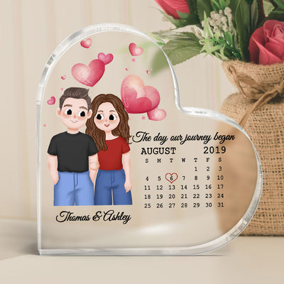 Cute Illustration Couple Calendar Anniversary Date Gift For Him For Her Personalized Acrylic Heart Plaque
