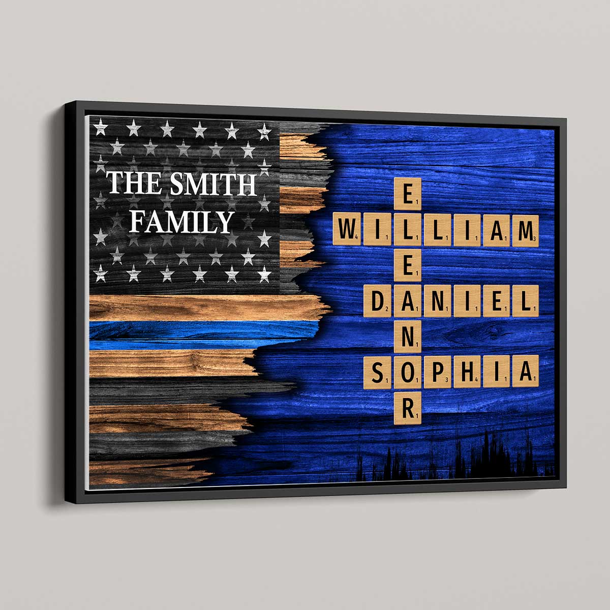 Half Flag Thin Blue Line Family Crossword Art Puzzle, Personalized Poster, Meaningful Father's Day Gift for Dad, Gift for Husband