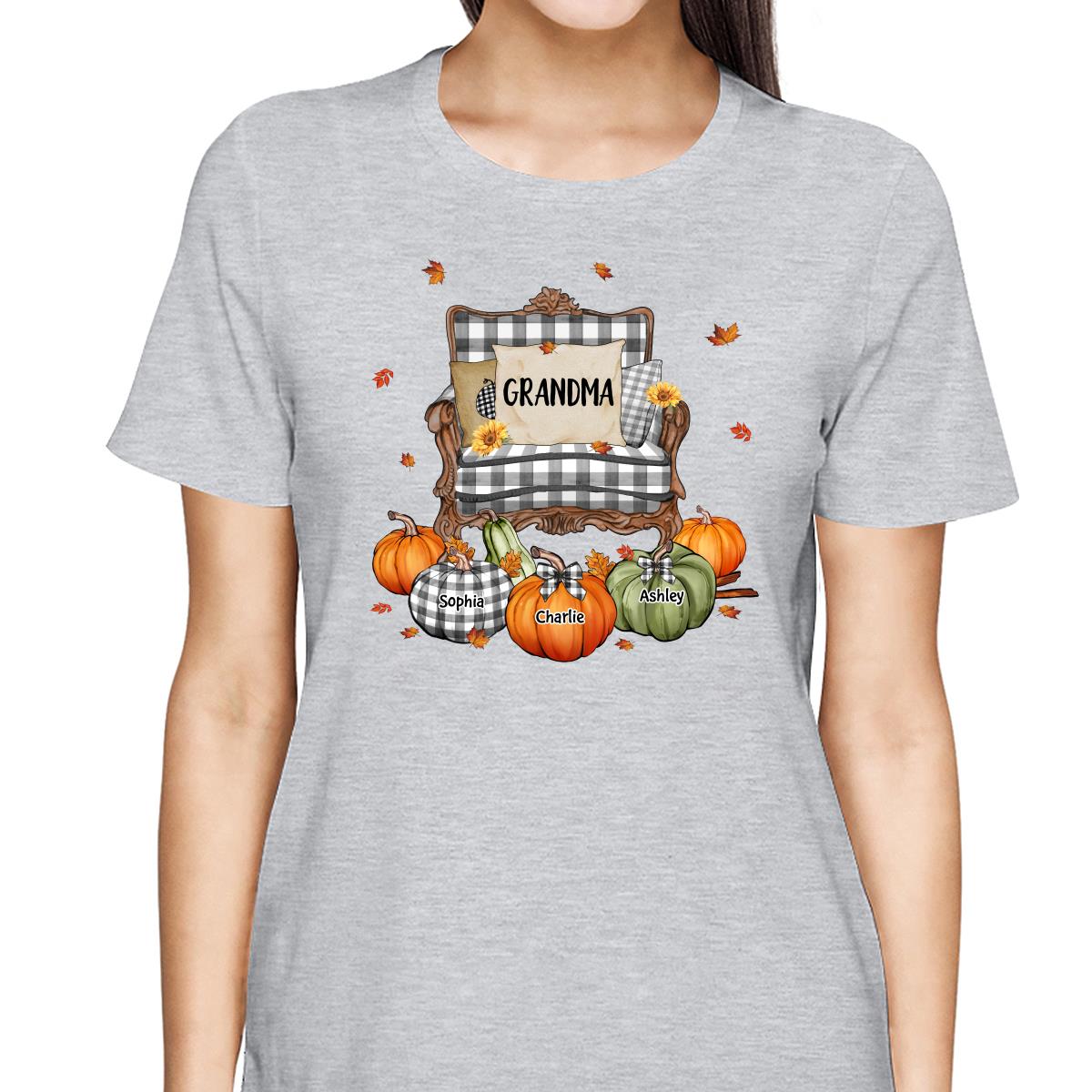 Grandma Mom Pattern Chair And Pumpkins Personalized Shirt