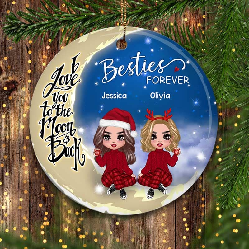 Besties Sisters Forever Sitting On Moon Personalized Circle Ornament