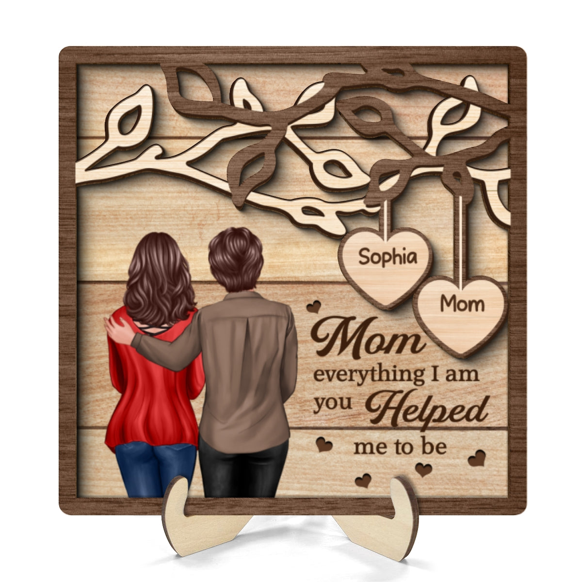 Back View Mom Daughter Son Under Tree Gift For Mom Personalized 2-Layer Wooden Plaque