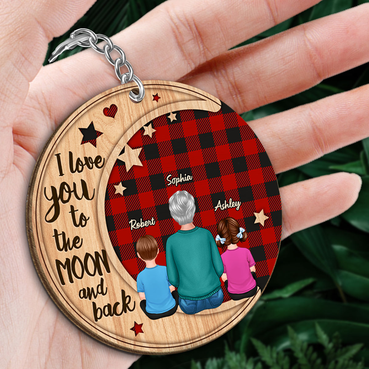 Love Grandma To The Moon Grandkids Checkered Personalized Wooden Keychain