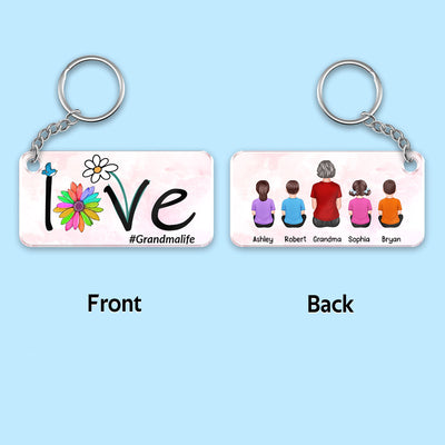 LOVE Flower Grandma Mom Life Back View Woman And Kids Dogs Cats Sitting Personalized Acrylic Keychain