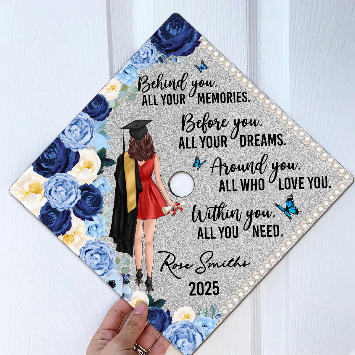 Behind You Flowers Senior Graduation Gift Personalized Printed Graduation Cap Topper (Not Real Glitter)