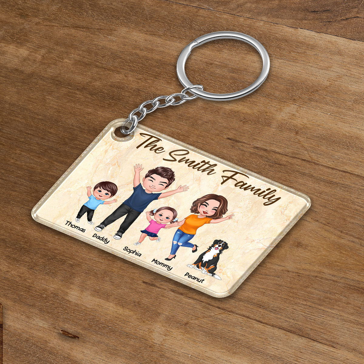 Happy Doll Family Couple Dad Mom Kids Dogs Cats Personalized Acrylic Keychain