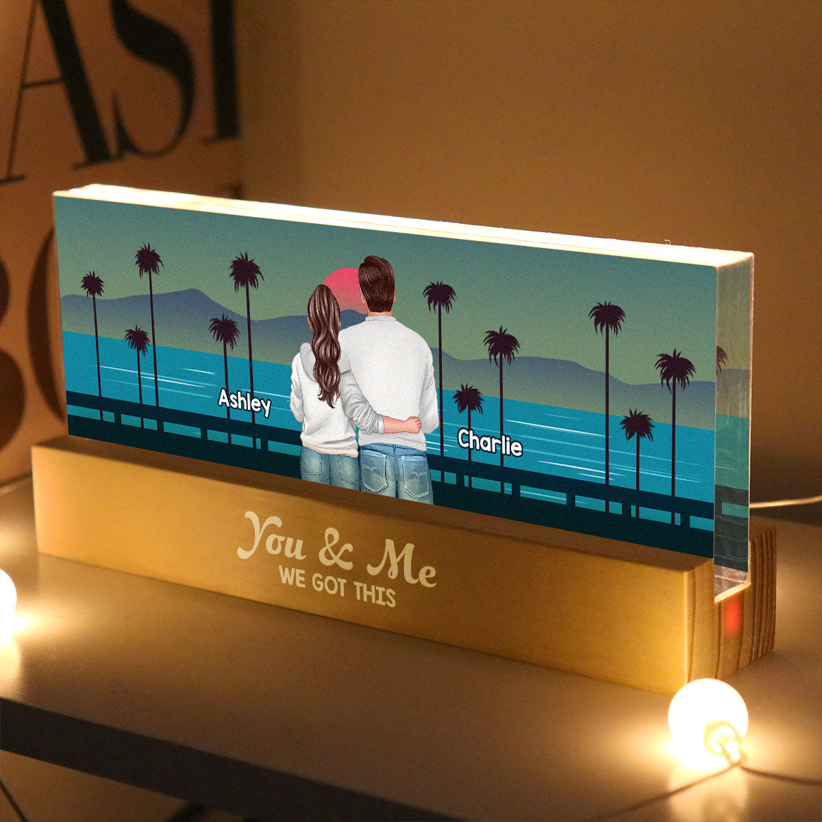 Retro Back View Couple Standing Hugging Personalized Acrylic Block LED Night Light