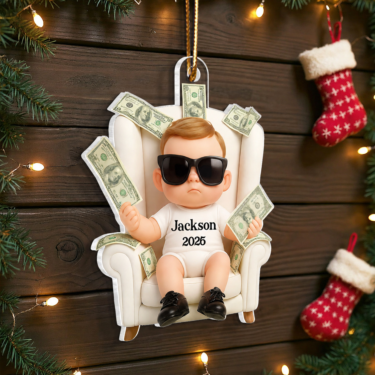 Personalized Funny Kid With Dollar 3D Style Acrylic Ornament, Christmas Gift For Kids, Grandkids