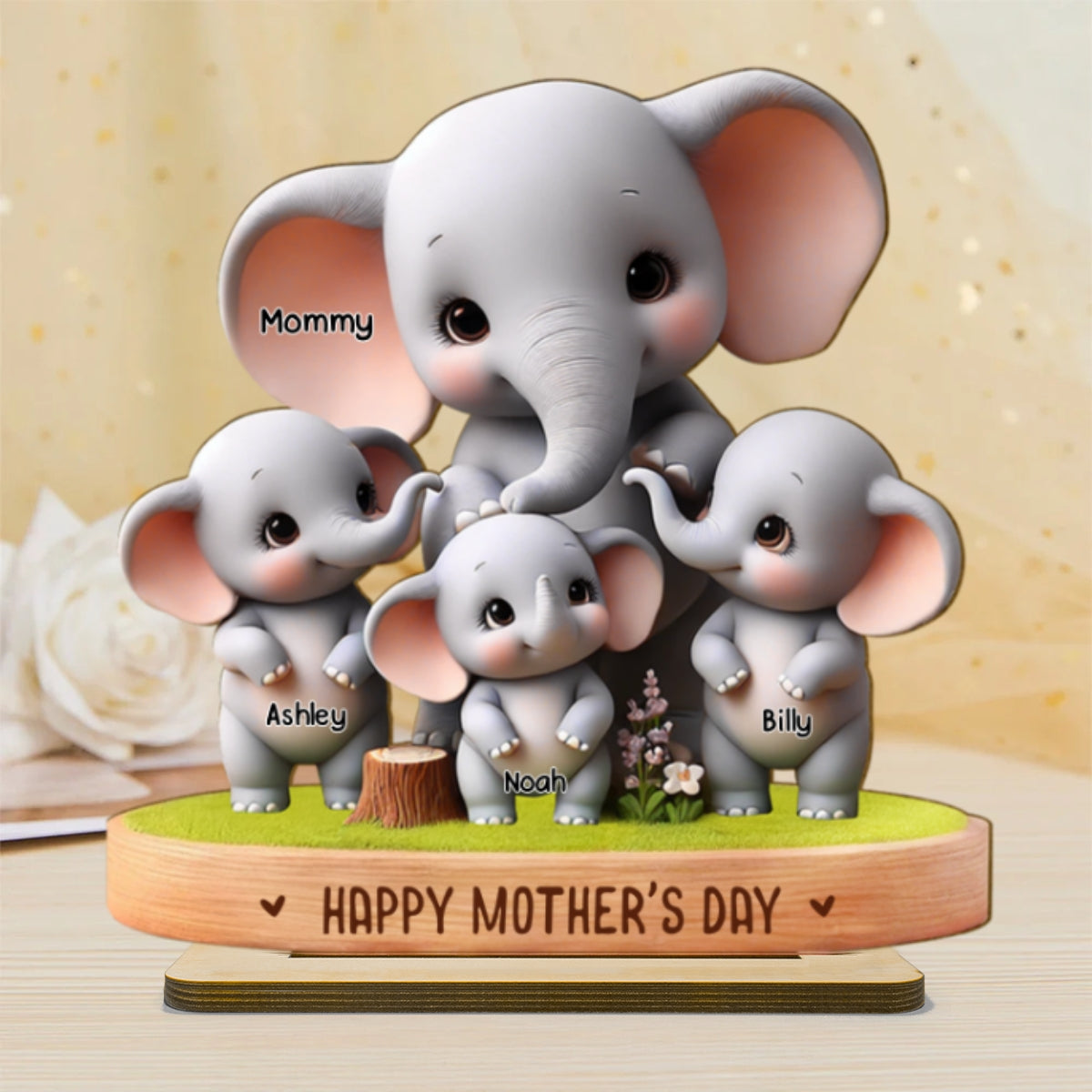 Cute Elephant Mama Grandma With Kids Custom Shaped Personalized Standing Wooden Plaque, Perfect 2025 Gift For Mom, For Grandma