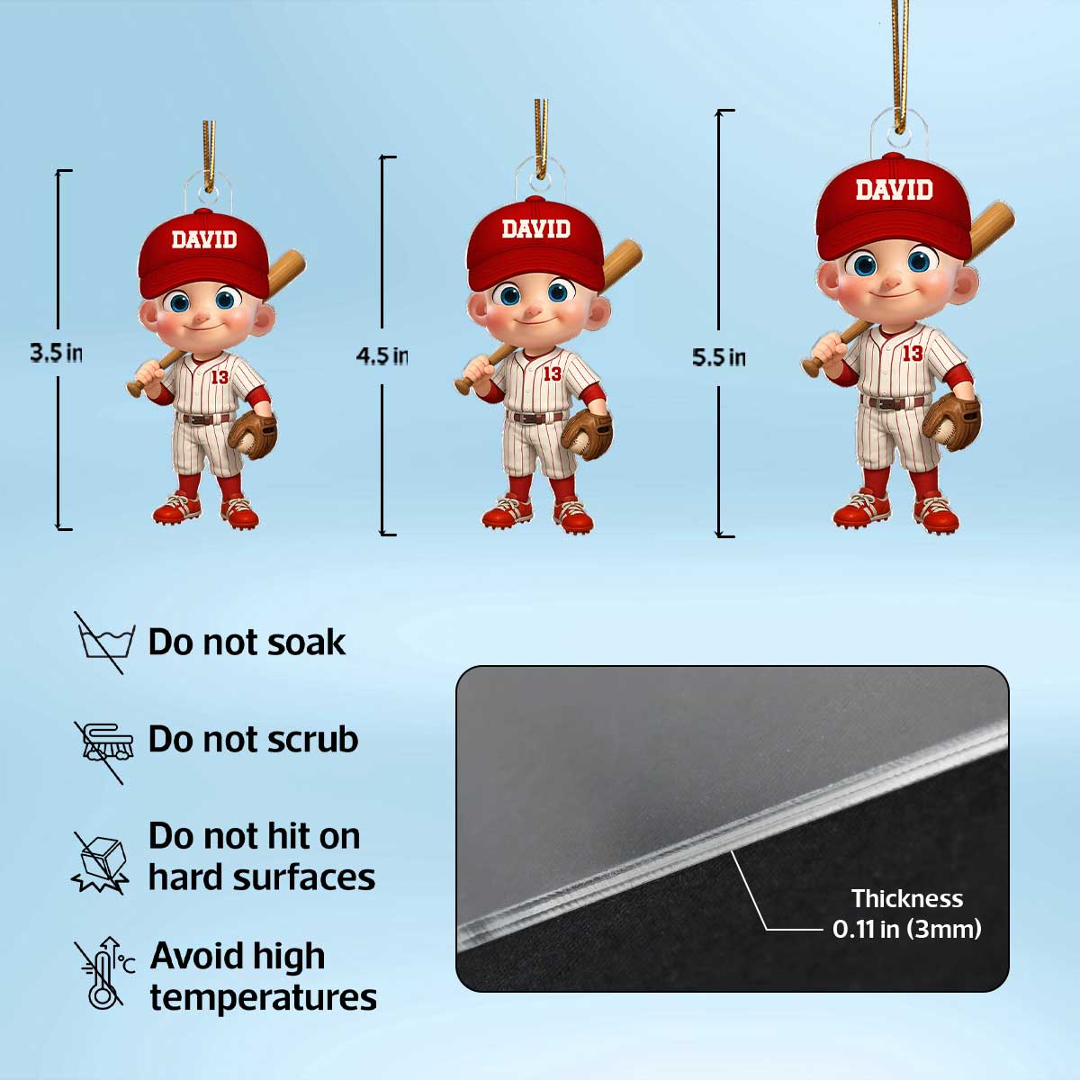 3D Effect Little Kid Baseball Christmas - Personalized Acrylic Ornament - Gift For Kids, Grandkids