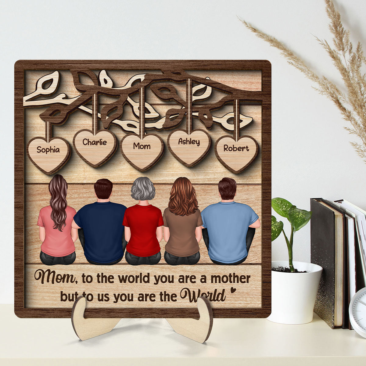 Back View Mom And Daughters Sons Sitting Under Heart Tree Gift For Mom Personalized 2-Layer Wooden Plaque