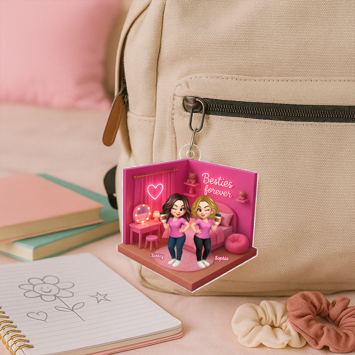 3D Effect Besties Pink Tone Dream Dollhouse Personalized Flat Acrylic Ornament