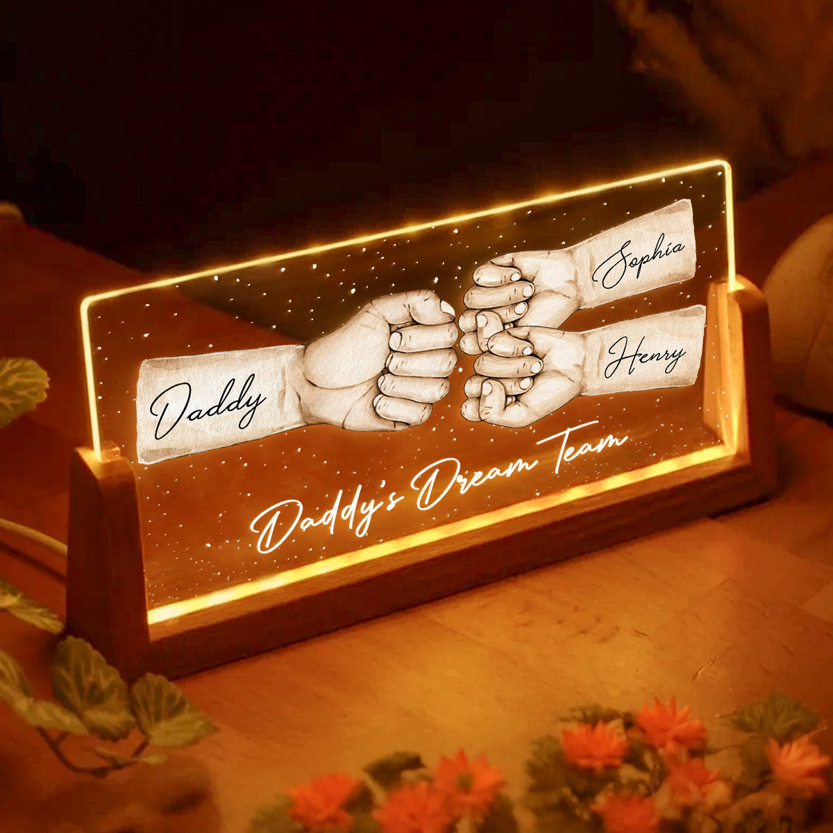 Daddy's Team Fist Bump Personalized U-Base Acrylic LED Night Light, Gift For Dad, Grandpa, Husband