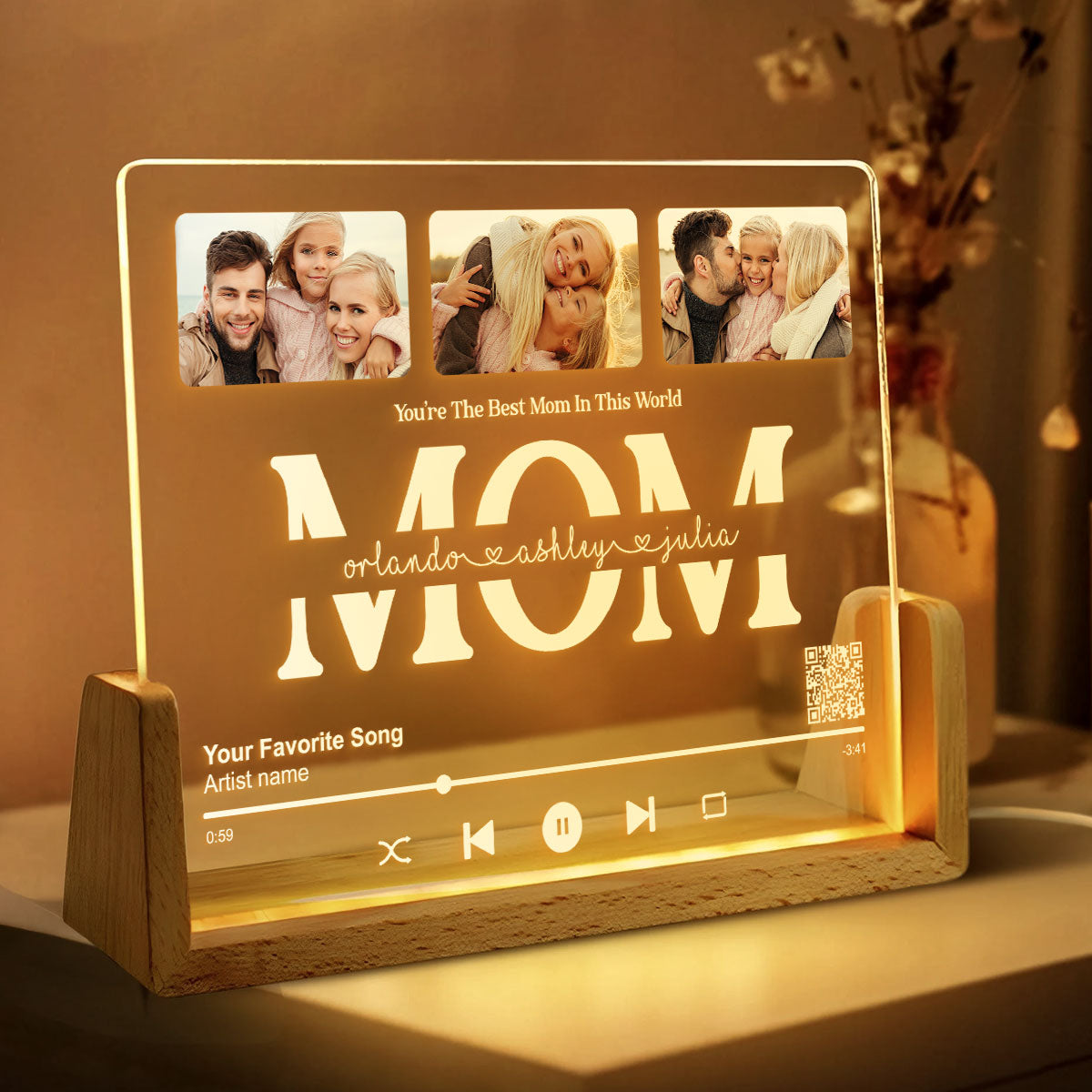 Customize with a Song That Speaks Your Heart, Personalized Photo LED Night Light, Gift for Mom, Scannable QR Code