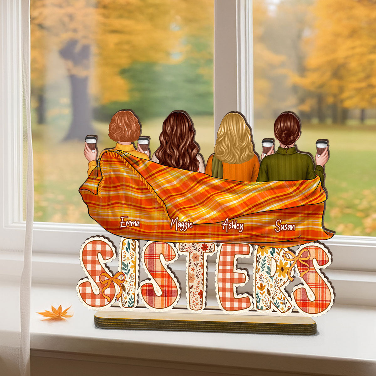 Cozy Besties Sisters In Blanket Sitting On Text Personalized Standing Wooden Plaque, Fall Season Decor