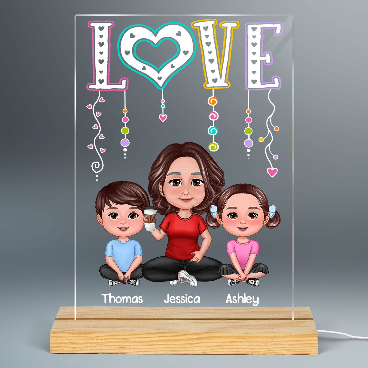 LOVE Pretty Doll Grandma Mom With Kids Personalized Rectangle Acrylic Plaque LED Night Light