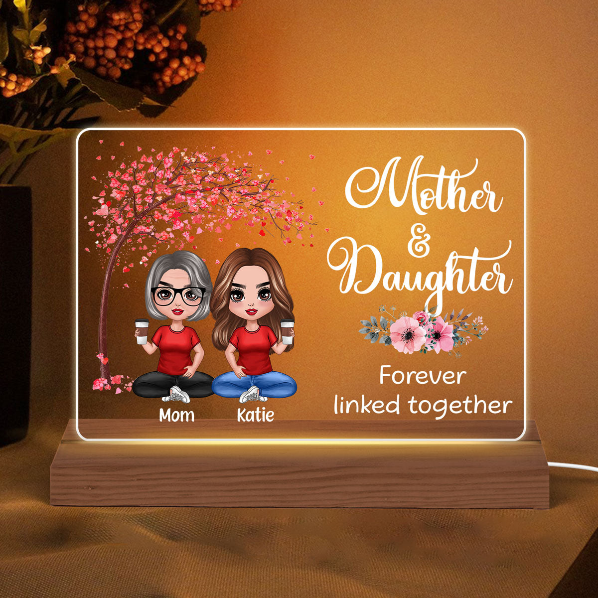 Doll Mom And Daughters Sitting Under Pink Tree Personalized Custom Shape Acrylic Plaque LED Night Light