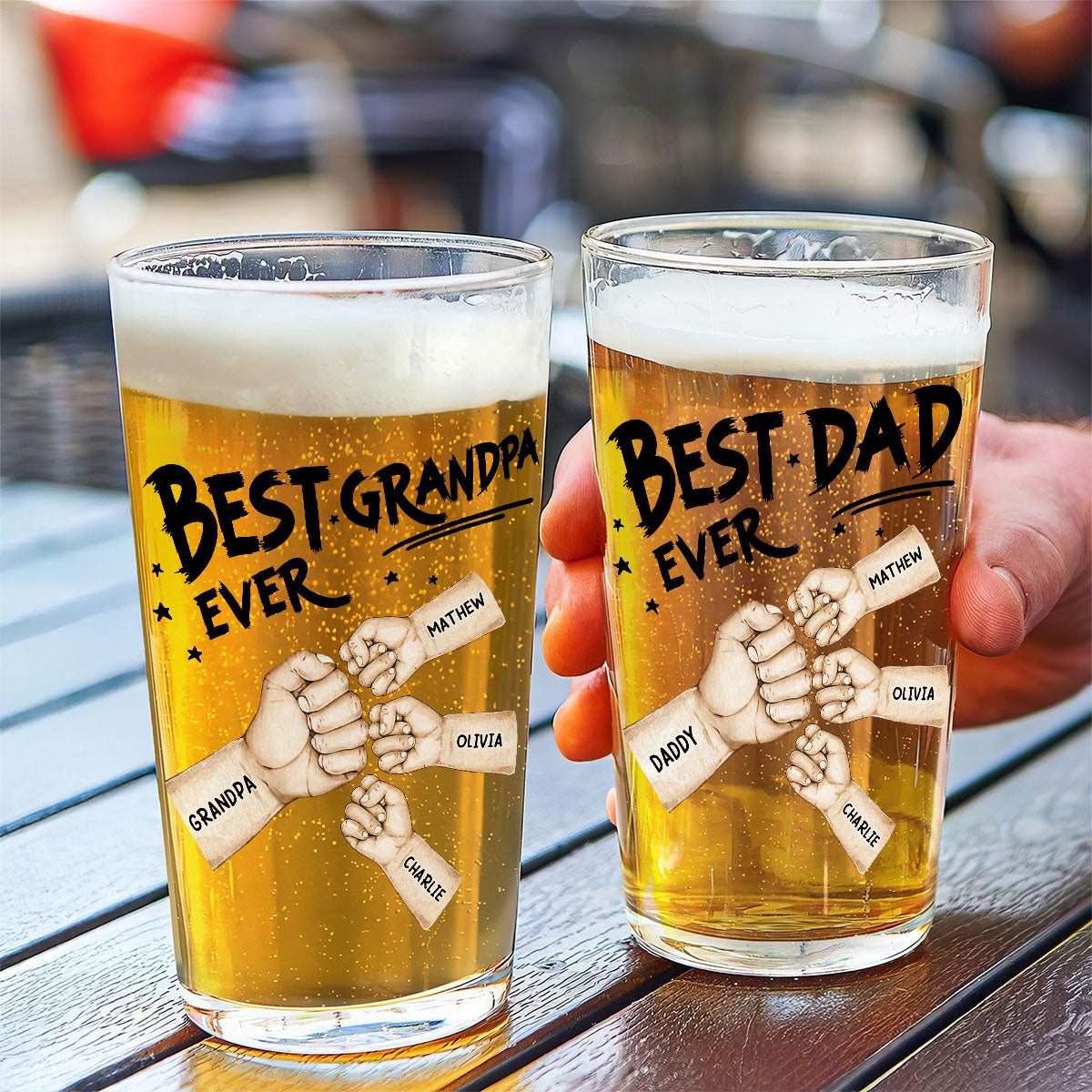 Best Dad Ever Fist Bump Personalized Beer Glass, Unique Birthday Gift For Dad, Father's Day Gift