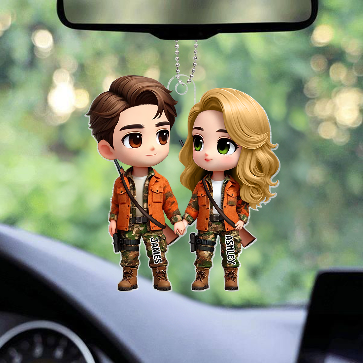 3D Effect Cute Cartoon Couple Hunting Personalized Acrylic Car Hanger, Anniversary &  Gift for him, Gift for her