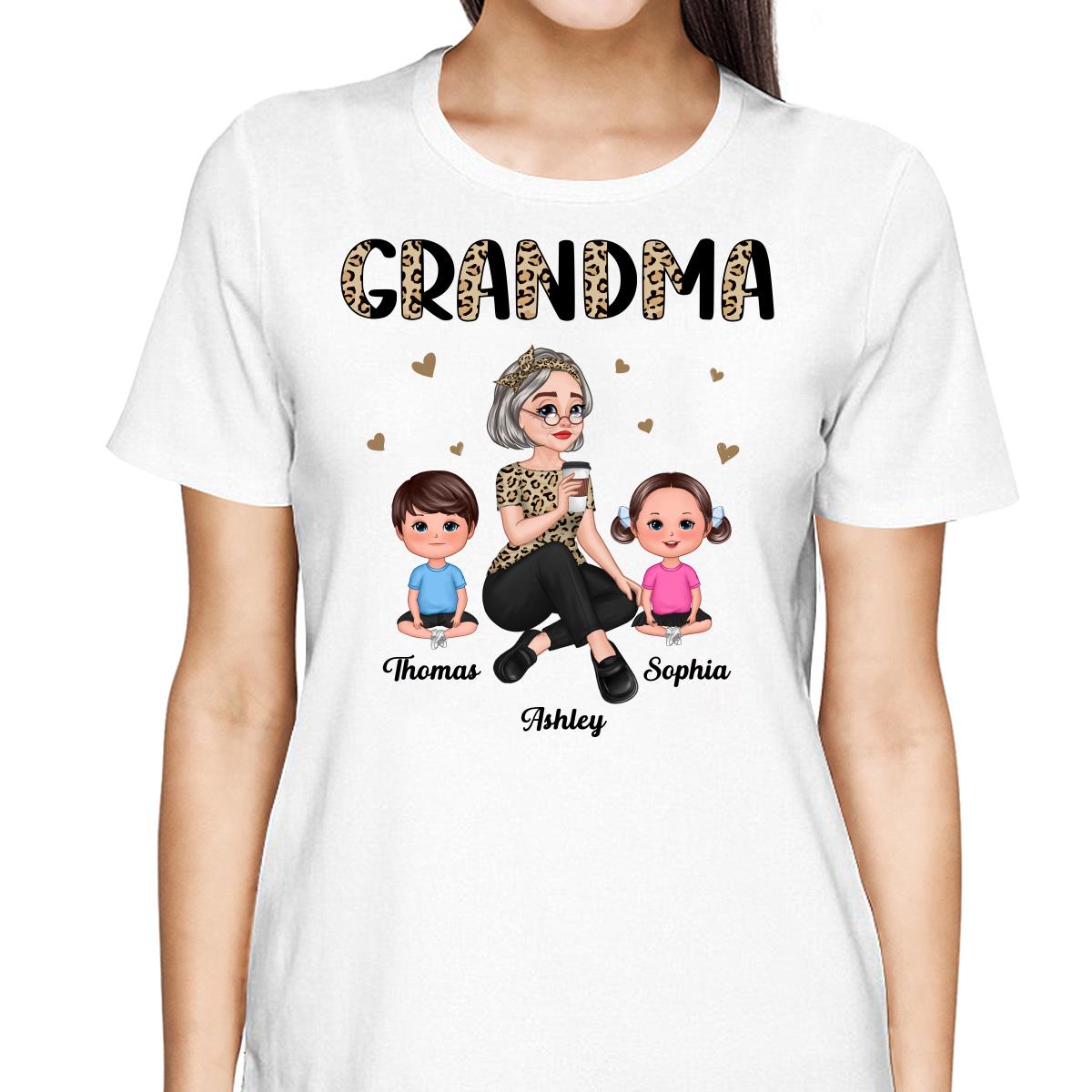 Half Leopard Pretty Cartoon Grandma & Doll Kids Personalized Shirt