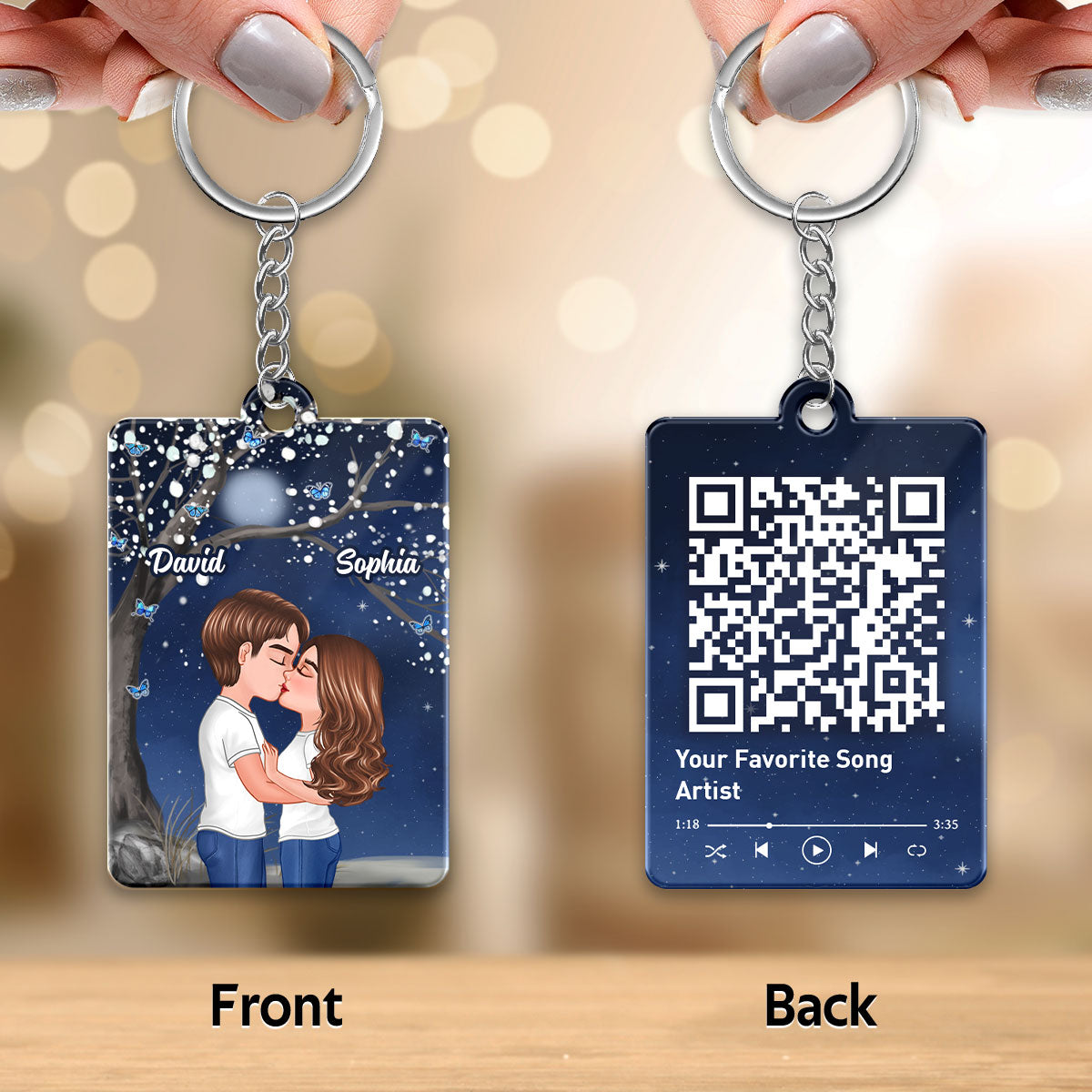Blossom Tree Doll Couple Kissing In The Moon Night Favorite Song Scannable QR Code Personalized Acrylic Keychain
