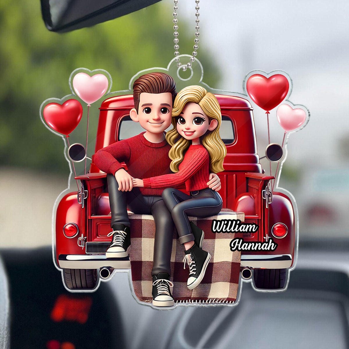3D Effect Couple Sitting On Red Truck Personalized Acrylic Car Hanger,  Gift, Anniversary Gift For Couples
